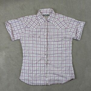 Collezione Western Shirt Mens Small Purple Plaid Y2K Graphic Back Pearl Snap S/S